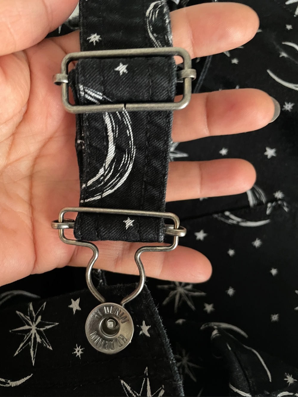 HT Denim Celestial Moon & Stars Short Overalls Black Goth Grunge Alternative - Picture 7 of 11